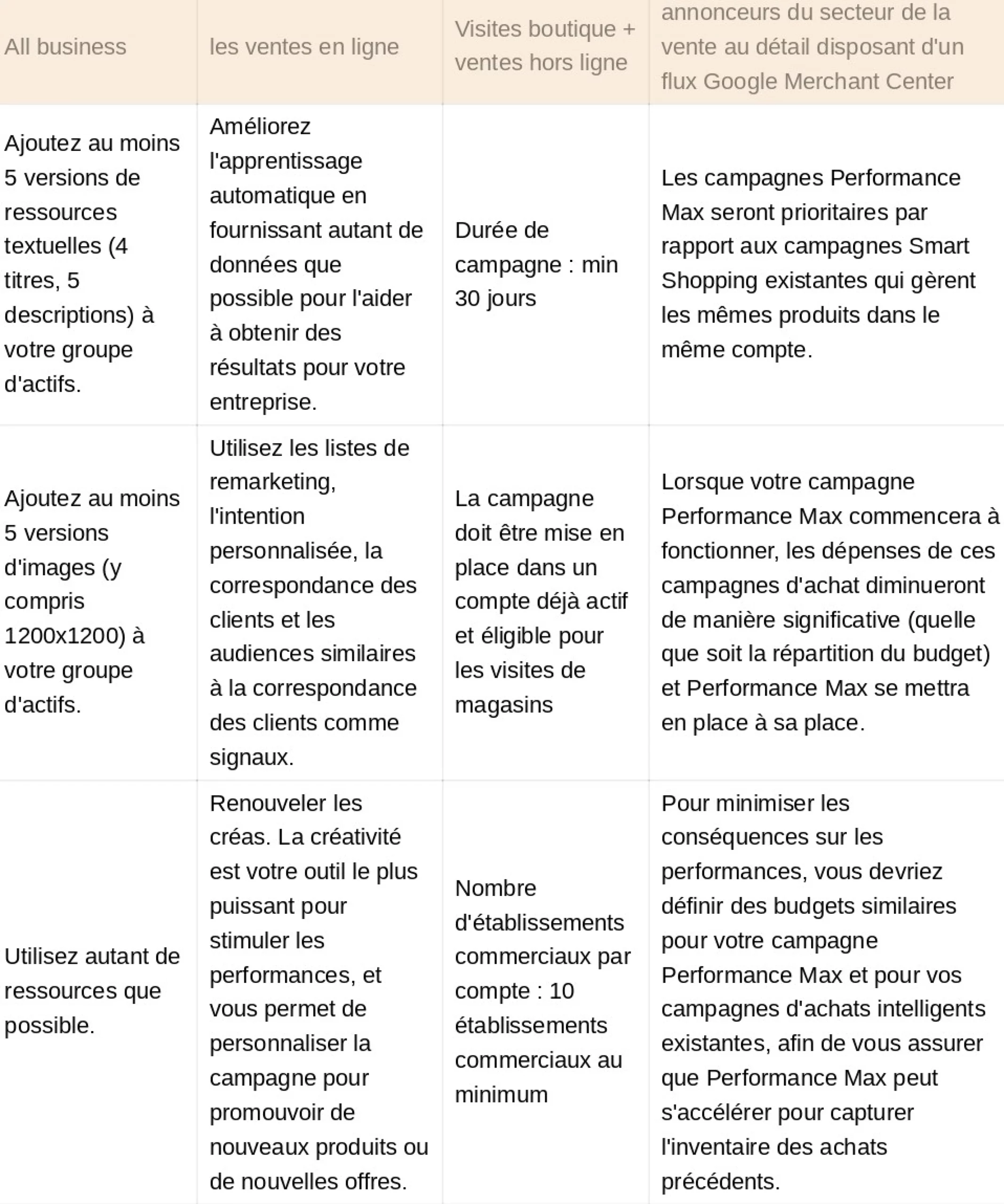 Tableau des recommandations pmax par buisness