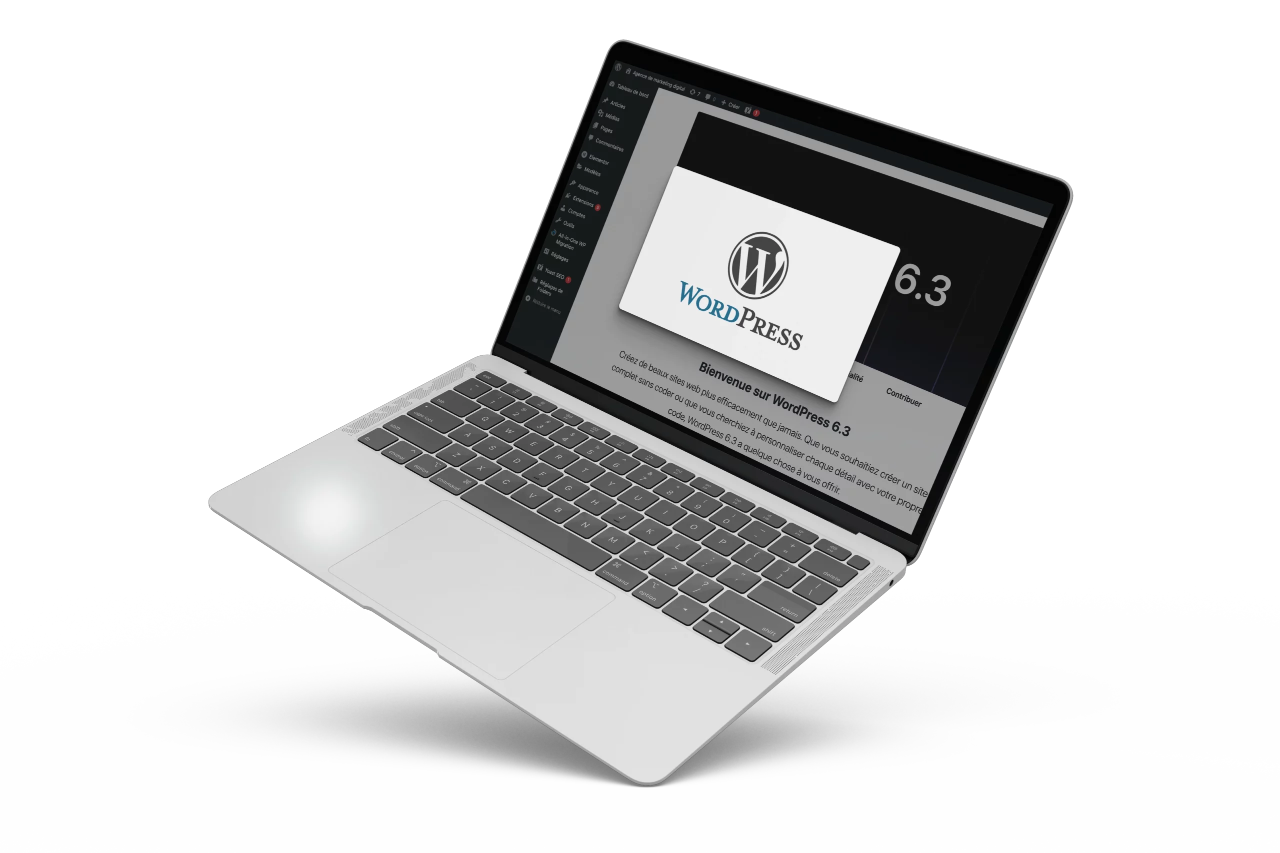 PC portable mockup avec le dashboard WordPress par l'Agence de Marketing Digital